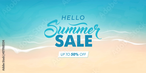 Vector beautiful realistic illustration of top view sandy summer beach. Summer sale horizontal promotional web banner, flyer, poster, greeting card