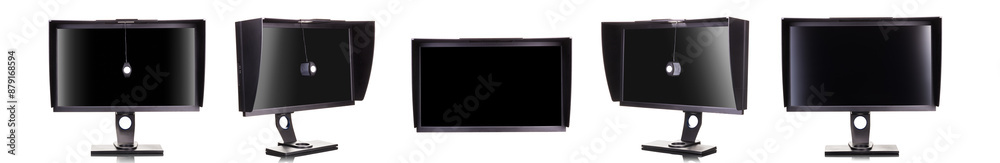 Professional monitor with shading hood and calibrator isolated on white Professional monitor with shading hood and calibrator isolated on white
