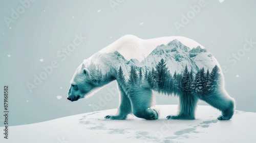 Double exposure image featuring a polar bear navigating through snow-covered terrain, representing the power and survival instincts of these apex predators, sharp focus, vivid contrasts, soft
