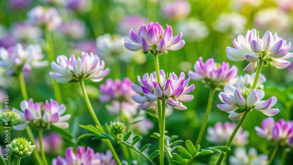 Delicate white and purple flowers of Chinese milk vetch bloom amidst soft green foliage in a serene natural landscape background. Delicate white and purple flowers of Chinese milk vetch bloom amidst soft green foliage in a serene natural landscape background.
