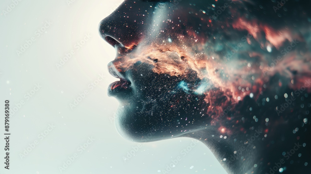 Fototapeta premium Explore the cosmic wonders of nebulae and galaxies through mesmerizing double exposure photography.