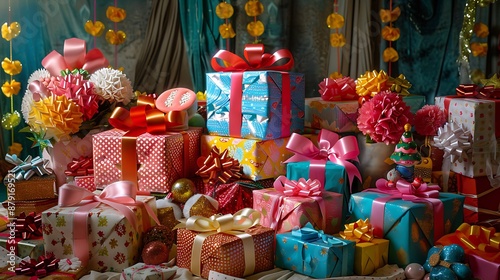 A table laden with a profusion of brightly wrapped gifts photo