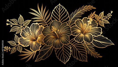Delicate gold foil accented tropical hibiscus flowers, Chinese rose blooms, and lush greenery in intricate hand drawn vector line art illustration. photo