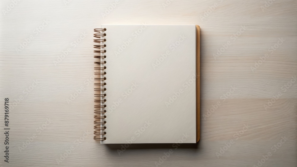 Neutral-toned empty spiral-bound notebook with clean white cover lying flat from directly above, awaiting creative ideas and inspiration. Neutral-toned empty spiral-bound notebook with clean white cover lying flat from directly above, awaiting creative ideas and inspiration.