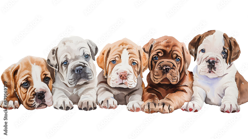 Group of cute puppies dogs sitting in a row watercolor illustration isolated on a white background Group of cute puppies dogs sitting in a row watercolor illustration isolated on a white background