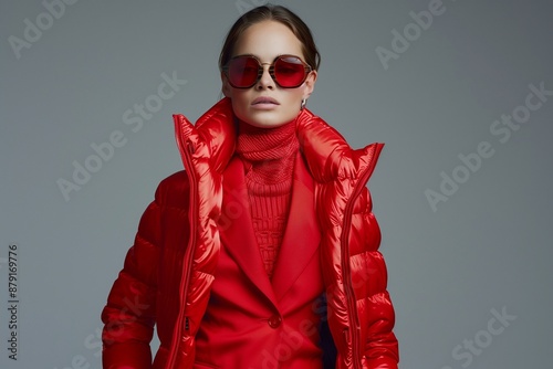 Fashion model in red suit, down jacket and sunglasses. Studio shot. photo