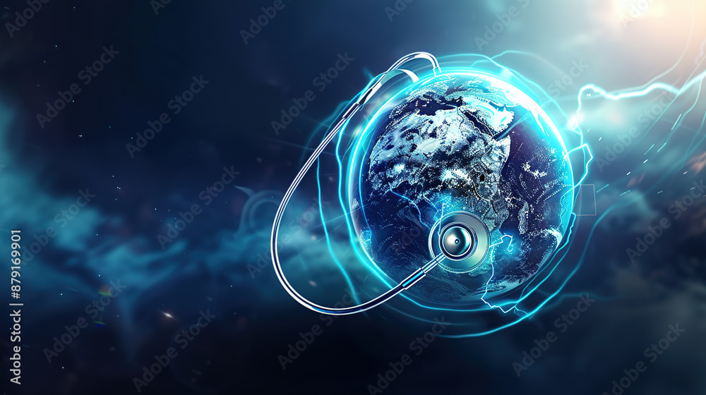 Obraz premium Abstract concept of earth, stethoscope, technological lines