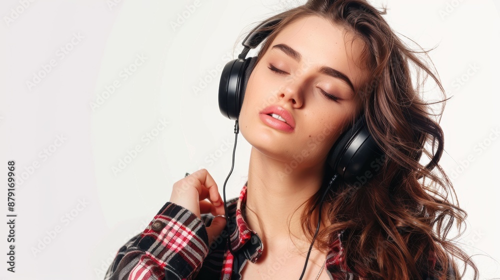 A woman wearing headphones and a plaid shirt A woman wearing headphones and a plaid shirt