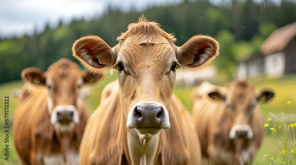 A close-up of three curious cows in a green field with trees and a farmhouse in the background. A close-up of three curious cows in a green field with trees and a farmhouse in the background.