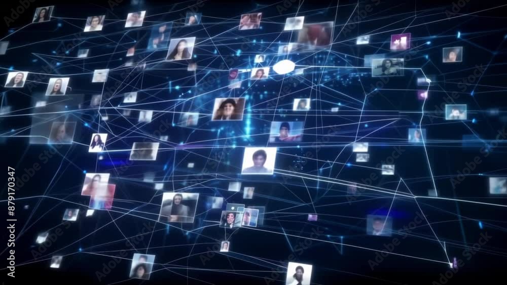 Digital network representing social connections with multiple user profiles linked by lines and nodes, illustrating online community interactions.