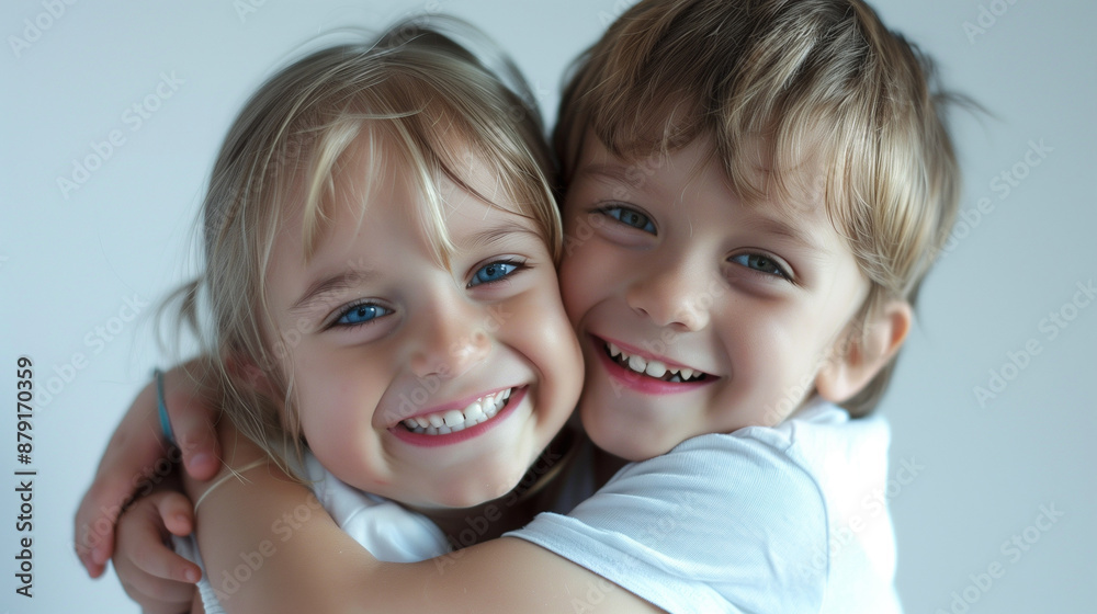 Smiling Siblings Playing Together on a Plain Light Gray Background Smiling Siblings Playing Together on a Plain Light Gray Background