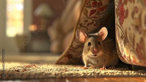 A mouse peeking out from a hole in the wall, with its tiny whiskers twitching and a curious expression on its face, in a warmly lit living room.