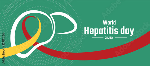 World Hepatitis Day - White line liver sign with yellow and red ribbon roll around on dot circle texture and green background vector design