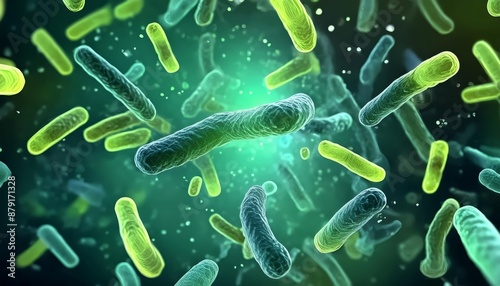 Green Bacteria - Microscopic Enlargement of Green Cells and Colony of Bacteria - Germs or Escherichia E. Coli - Health Care Medication or Anatomy of Organisms in Biology or Science