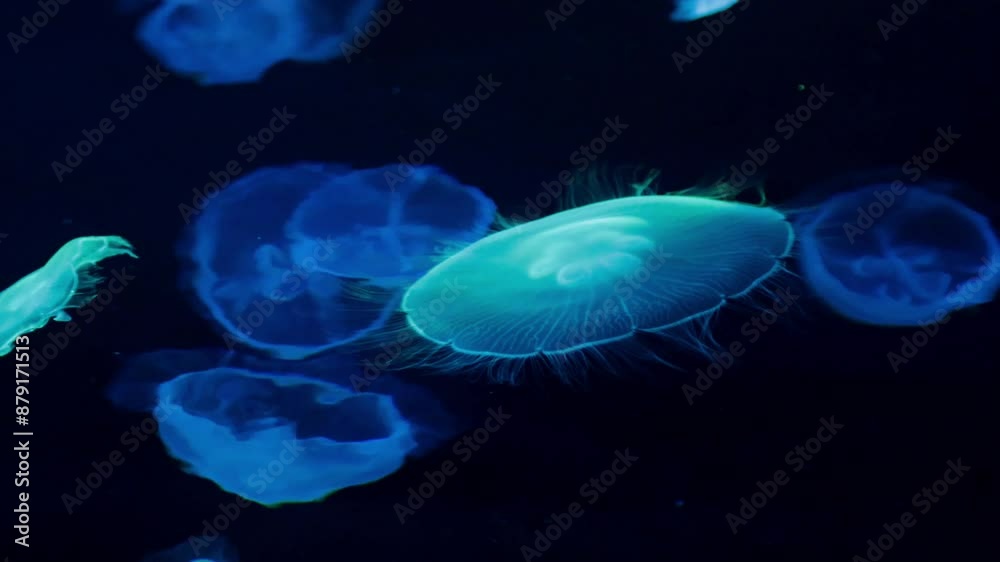 Glowing jellyfish gracefully float in dark water, creating an ethereal underwater scene Glowing jellyfish gracefully float in dark water, creating an ethereal underwater scene
