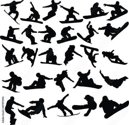 Snowboarding player silhouette full body. Snowboarder posing in various style illustration. People doing extreme sport.