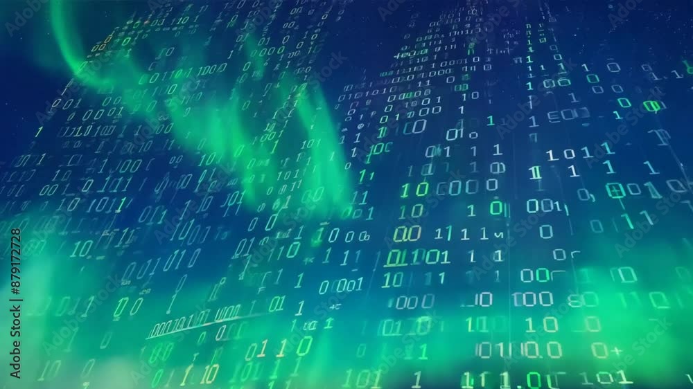 A binary code sequence cascading down a digital screen, transforming into a breathtaking aurora borealis. A binary code sequence cascading down a digital screen, transforming into a breathtaking aurora borealis.