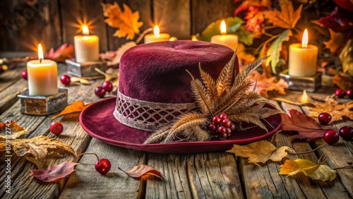 Old fashioned velvet hat with lace and feathers lies on a vintage wooden table surrounded by autumn leaves and candles. photo