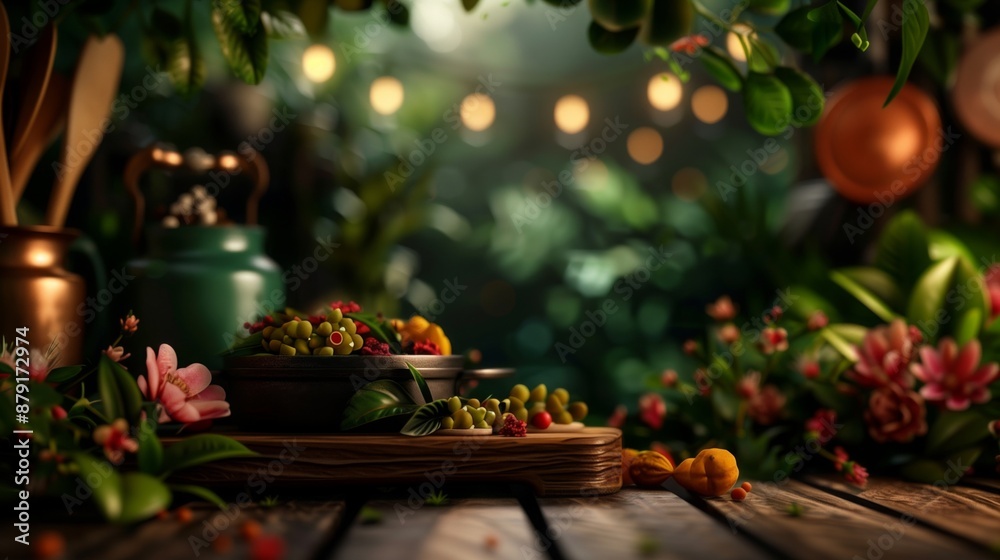 Wooden table with copper kettle, spoons, and berries against lush green backdrop Wooden table with copper kettle, spoons, and berries against lush green backdrop