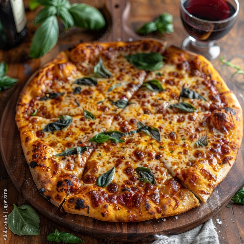 A high-angle shot of a whole cheese pizza on a wooden cutting board By Generated AI A high-angle shot of a whole cheese pizza on a wooden cutting board By Generated AI