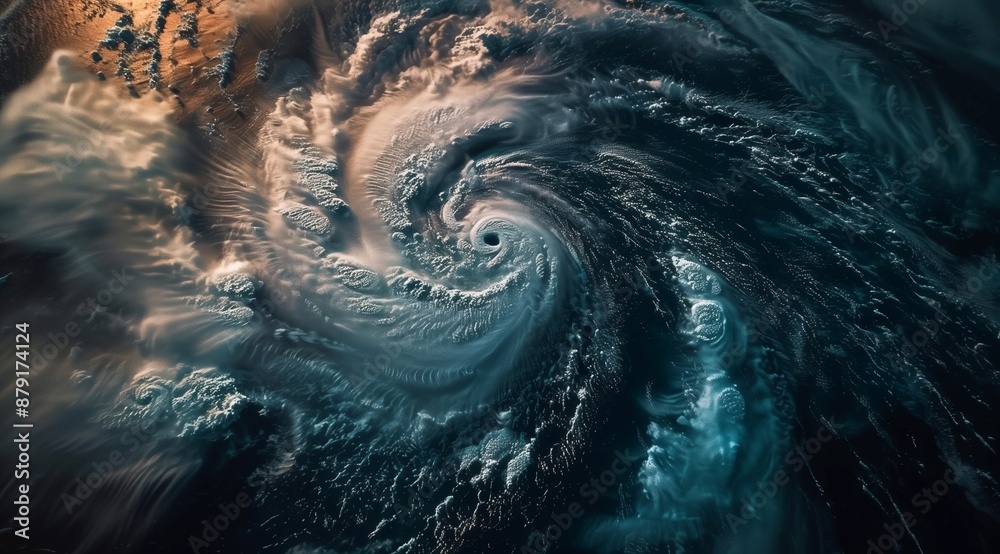 aerial view of the earths oceans during a huge storm. A large typhoon or a hurricane of the highest rank with clear eyes.