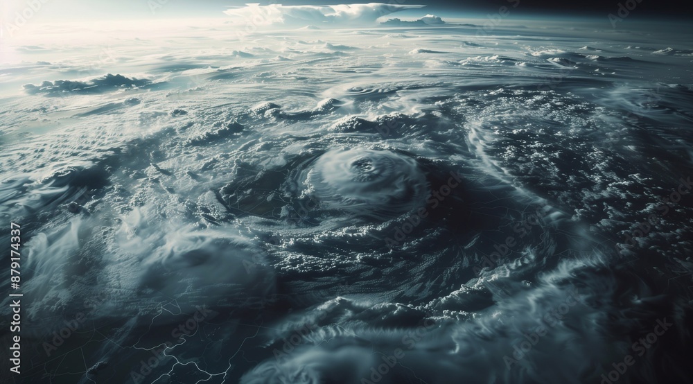 Fototapeta premium aerial view of the earths oceans during a huge storm. A large typhoon or a hurricane of the highest rank with clear eyes.