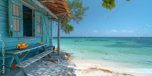 little beach house on the white sand of tropical island , with blue wooden picnic tables and chairs placed outside, perfect for wallpaper