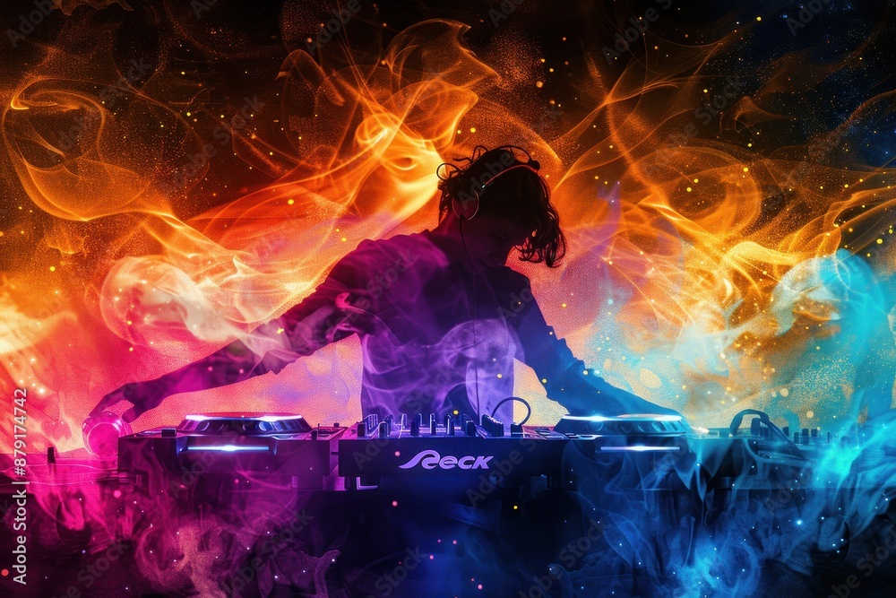 Fototapeta premium DJ silhouette mixing on fire of different colors