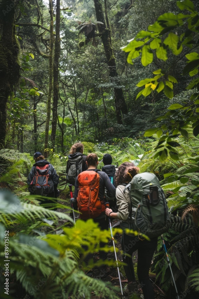 Group of hikers walking through lush green forest, surrounded by tall trees and dense foliage, while carrying backpacks and hiking gear. Group of hikers walking through lush green forest, surrounded by tall trees and dense foliage, while carrying backpacks and hiking gear.