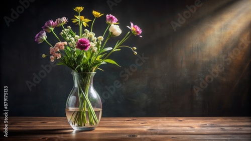 Wallpaper Mural Elegant transparent glass vase with delicate stems and blooming flowers sits serenely on a polished dark wood table surface. Torontodigital.ca