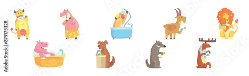 Funny Animal Bathing and Washing in Bathroom Vector Set