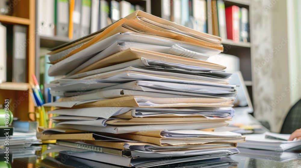 A large stack of neatly organized documents sits on a desk