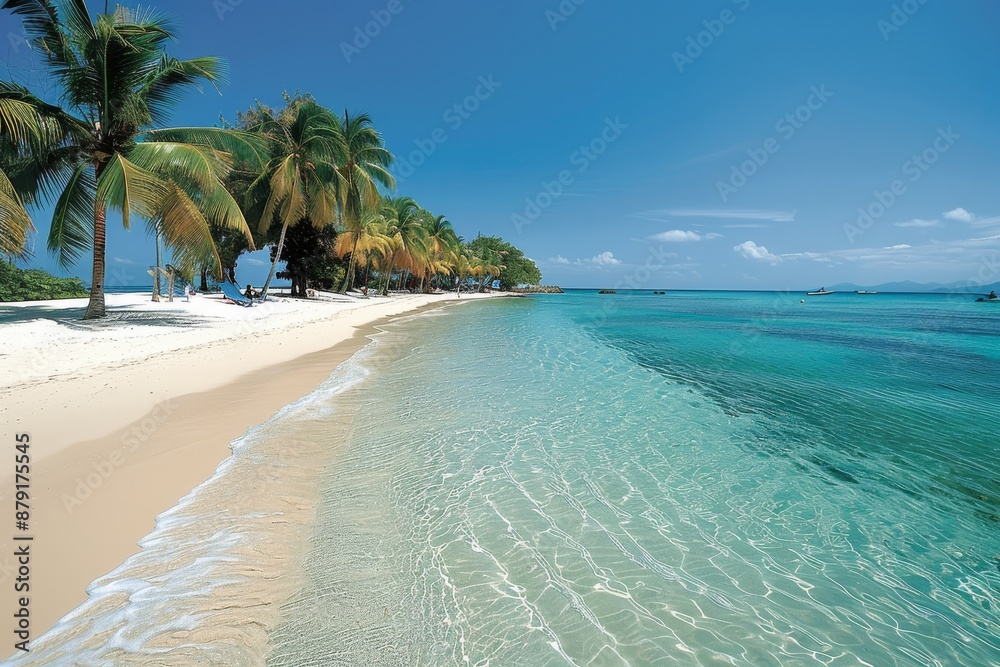 Fototapeta premium Pristine Beach With Palm Trees on a Sunny Day in the Caribbean