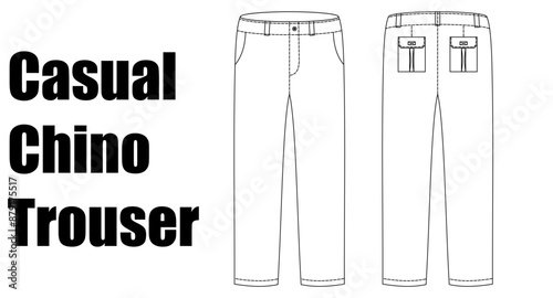 Men's Casual chino trouser pant front and back view flat sketch fashion illustration cad drawing, slim fit denim jeans pants vector template