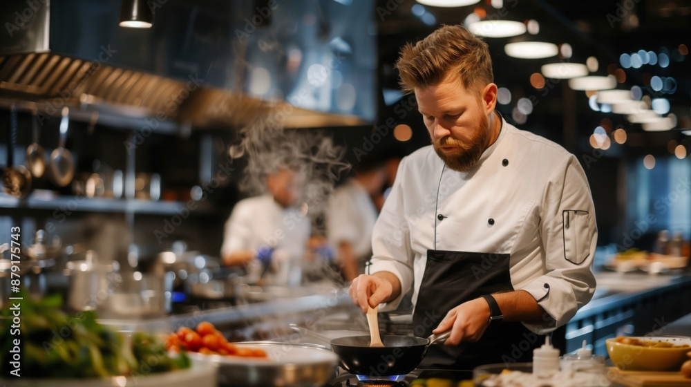 A chef demonstrates cooking techniques during a masterclass in a modern kitchen A chef demonstrates cooking techniques during a masterclass in a modern kitchen