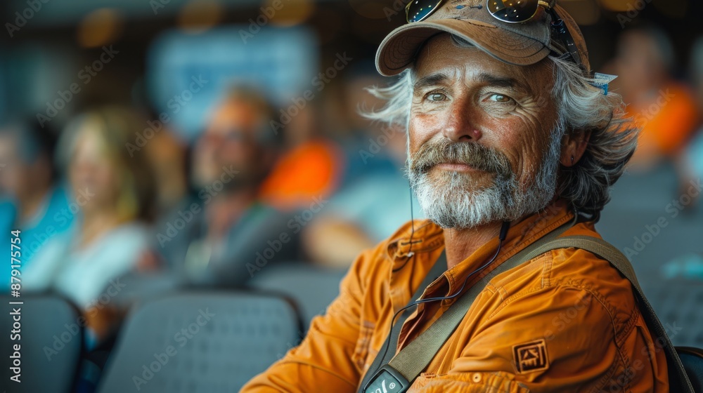 A man with grey hair, a cap, and an orange shirt sits in a row of chairs, smiling at the camera. A man with grey hair, a cap, and an orange shirt sits in a row of chairs, smiling at the camera.