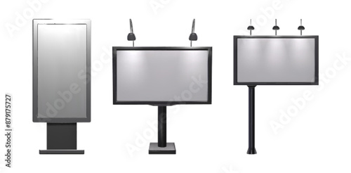 Outdoor advertising billboards set isolated on white background. Vector realistic illustration of 3d banner mockups with led light illumination, lightbox with blank space for business announcement