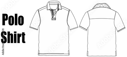 Men's resort polo collar T Shirt with Rib cuff flat sketch fashion illustration drawing template mock up with front and back view. Zip up Camp collar polo t shirt