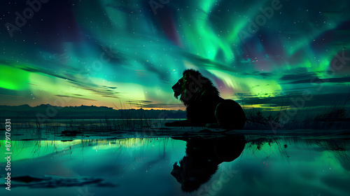 Lion standing under the poler light sky. lion is roaring under sky. photo