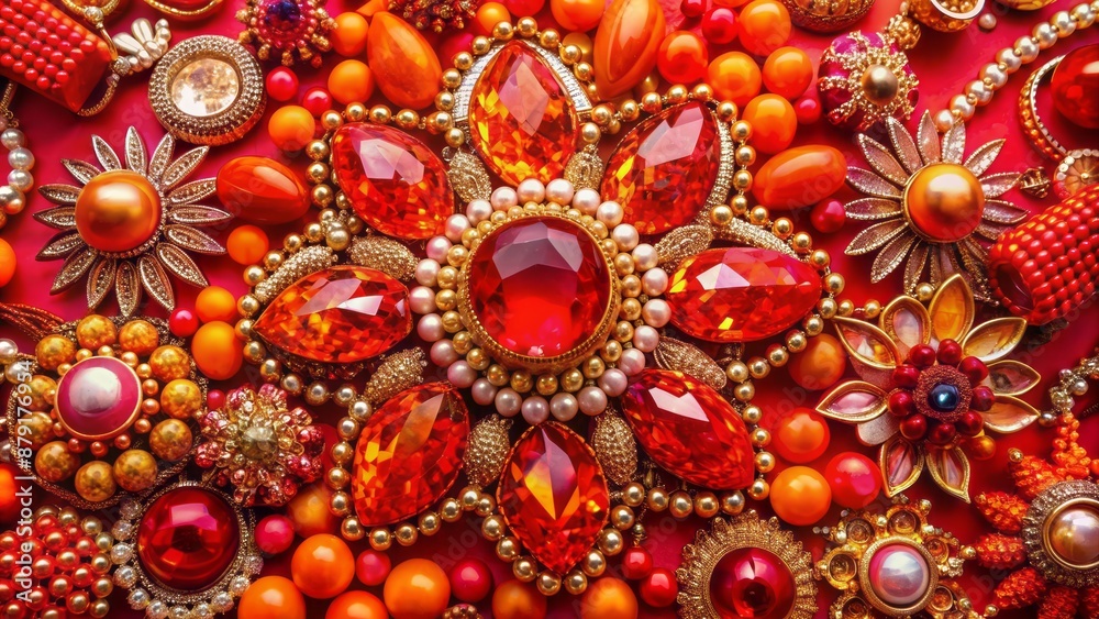 Vibrant red background showcases luxurious jewels and bold orange pink hues, evoking confidence, sophistication, and radiant beauty. Vibrant red background showcases luxurious jewels and bold orange pink hues, evoking confidence, sophistication, and radiant beauty.