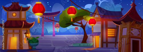 Chinese village or town with traditional houses and gates, hanging China red lanterns and decorative elements at night. Cartoon vector city street with oriental culture architecture and plants.