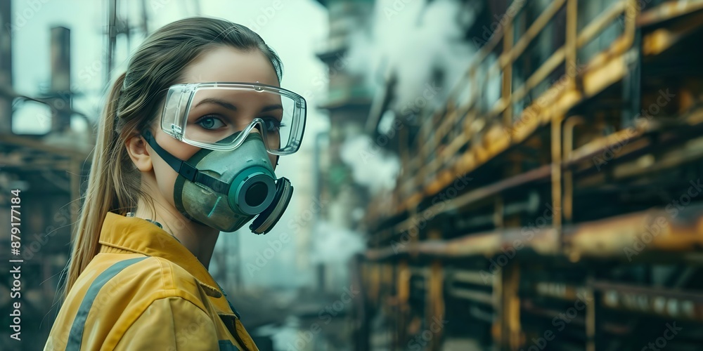 A young woman in protective gear in a contaminated setting. Concept Contaminated Environment, Young Woman, Protective Gear, Hazardous Setting, Safety Precautions A young woman in protective gear in a contaminated setting. Concept Contaminated Environment, Young Woman, Protective Gear, Hazardous Setting, Safety Precautions
