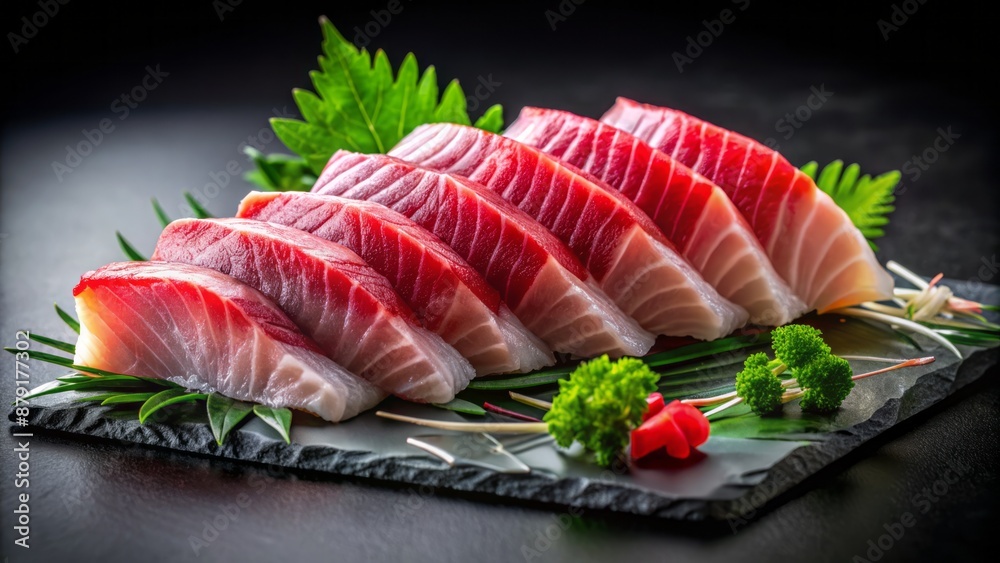 Freshly sliced Red Sea bass sashimi arranged artfully on a black background, garnished with thinly cut daikon and sesame seeds. Freshly sliced Red Sea bass sashimi arranged artfully on a black background, garnished with thinly cut daikon and sesame seeds.
