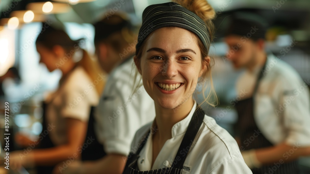 Young chef smiles at camera working in busy kitchen Young chef smiles at camera working in busy kitchen