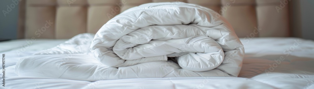 A neatly folded white duvet lies on a white bed A neatly folded white duvet lies on a white bed