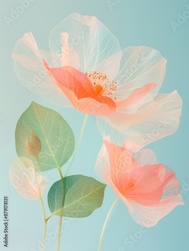 blossom flower and leaf, translucence minimalist, frosted glass blur covered, multiple exposures, spring, summer, macro photography