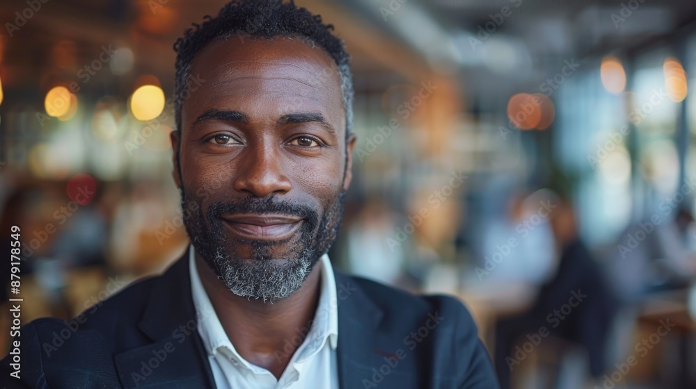 Mature businessman with a salt and pepper beard is smiling in a modern cafe. He is wearing a suit jacket and white shirt