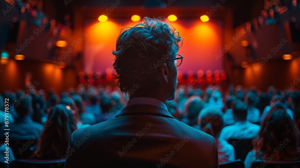 Businessman is sitting in a crowded conference hall, watching a presentation on stage. The atmosphere is vibrant and engaging, with colorful lights illuminating the event Businessman is sitting in a crowded conference hall, watching a presentation on stage. The atmosphere is vibrant and engaging, with colorful lights illuminating the event