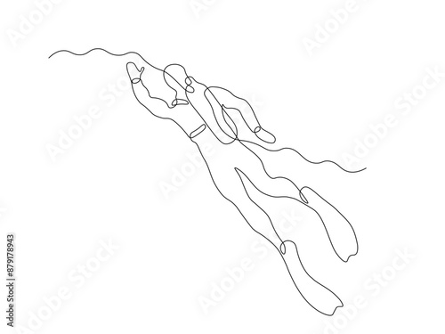 Abstract scuba diver, diver swimming underwater with scuba gear, continuous single line art hand drawing sketch
