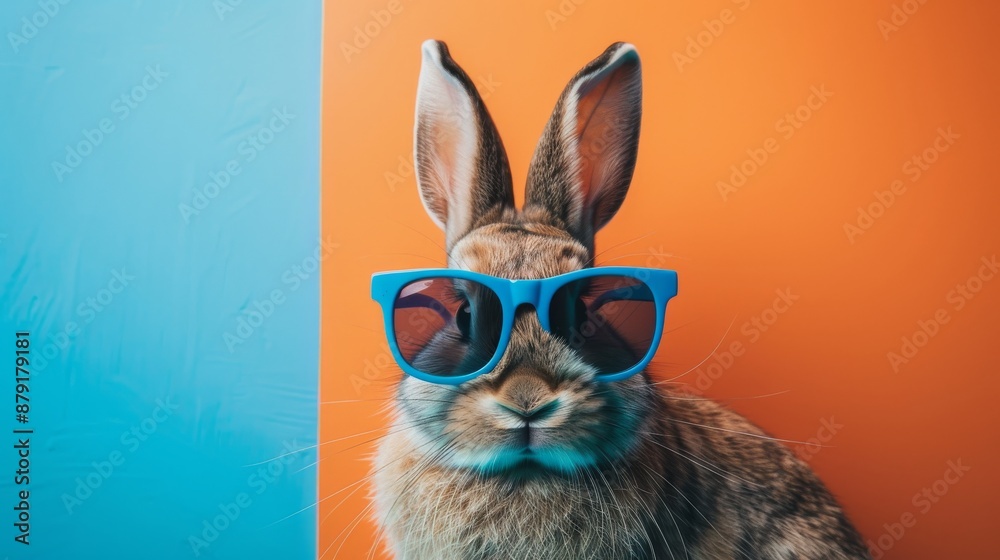 Rabbit is wearing blue sunglasses on a blue and orange background. The rabbit is looking forward with a serious expression Rabbit is wearing blue sunglasses on a blue and orange background. The rabbit is looking forward with a serious expression